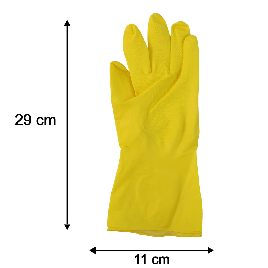Large yellow cleaning gloves with size dimensions