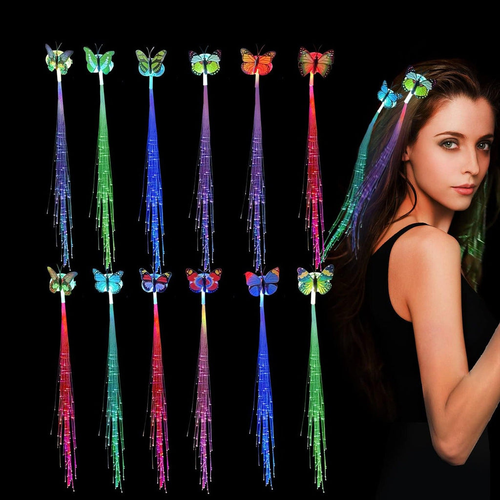 Twinkling LED butterfly hair braid clip glowing at night