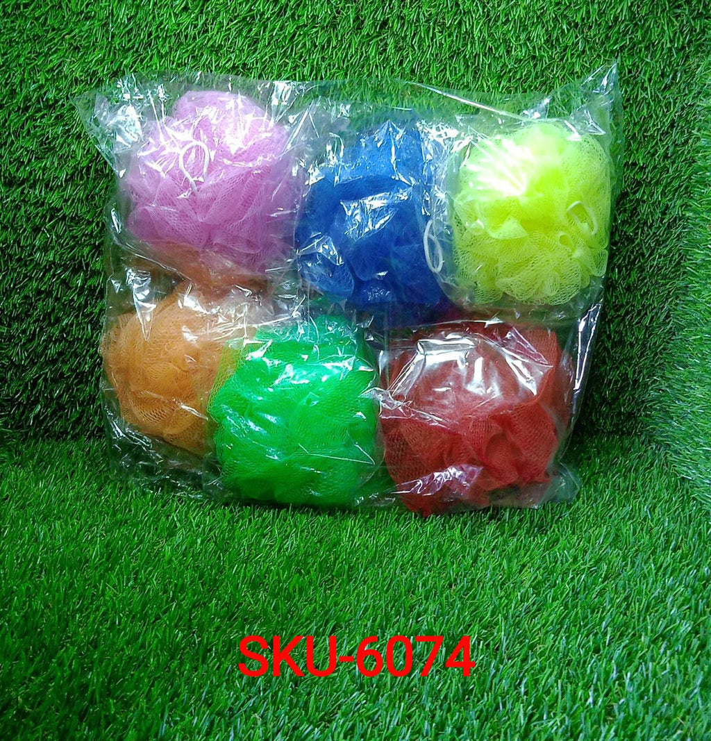 A single colorful bath loofah sponge on a clean background.