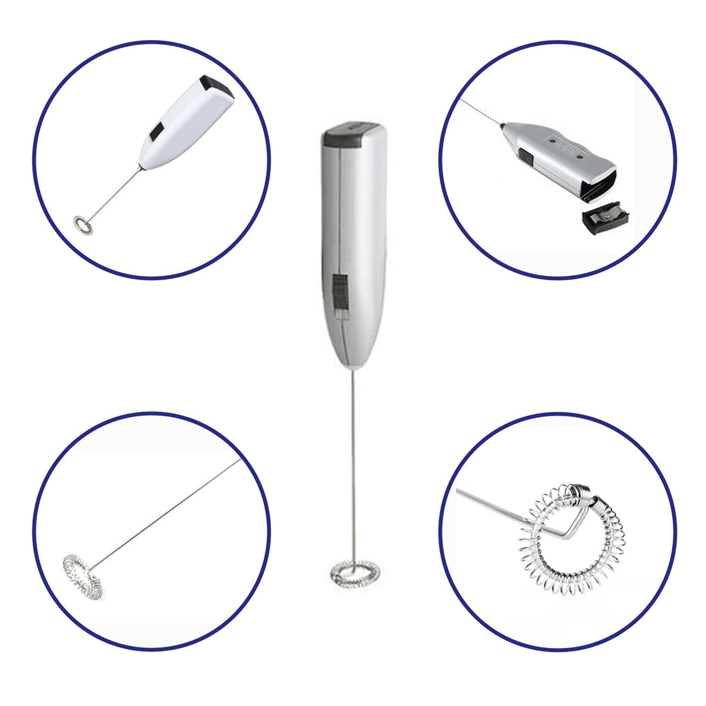 Portable electric milk mixer shown in action, frothing milk.