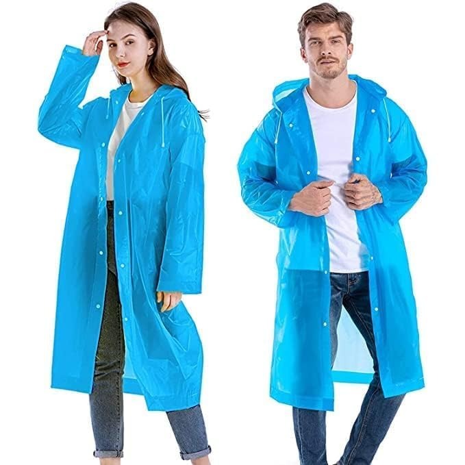 A man and woman model blue translucent rain jackets with hoods and white snap closures.
