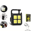 A black LED keychain light with four bright yellow square lights, accompanied by circular insets showing its features and a