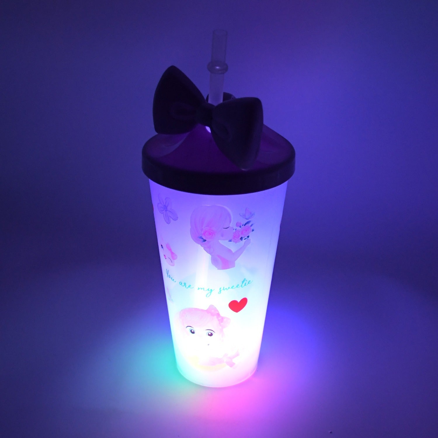 Bottom view of the Unicorn Water Bottle, showing its stable base and LED light mechanism.