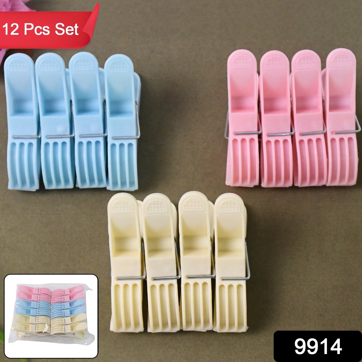 Assorted brightly colored plastic cloth clips spread out for household use