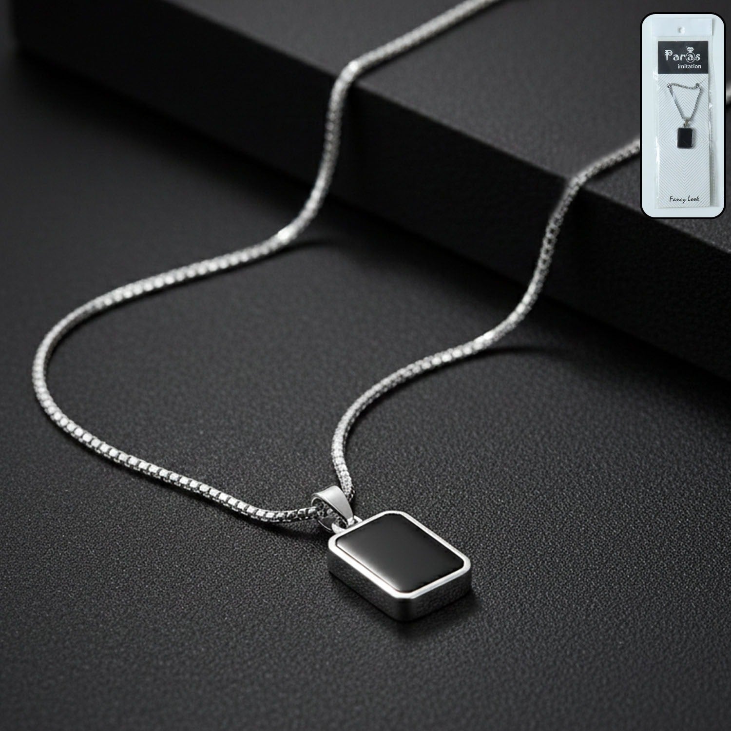 Men's stainless-steel pendant chain featuring sleek black rectangular pendant