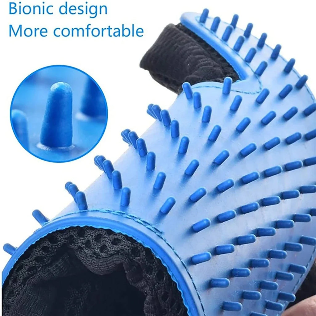 A hand wearing the pet deshedding glove gently grooming a dog's fur.