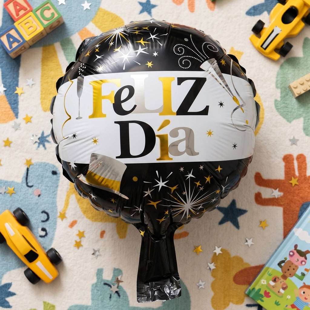 Round black and gold celebration foil balloon