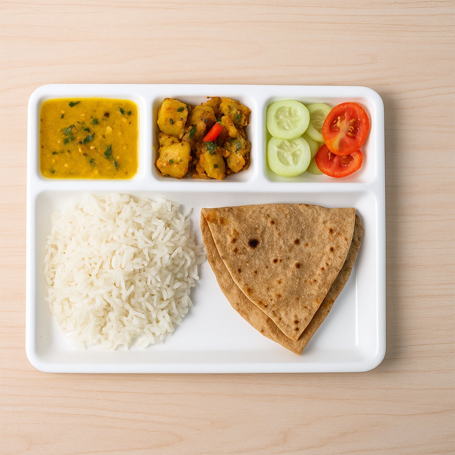 Side profile of the durable 4-compartment plastic tray.