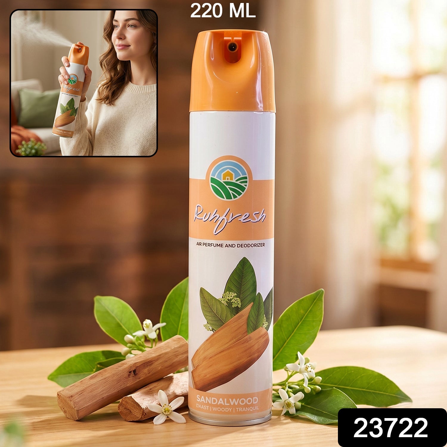 Sandalwood scent air freshener spray bottle for indoor use