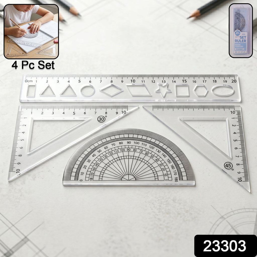 Complete geometry ruler set including 20cm ruler, set squares, and protractor