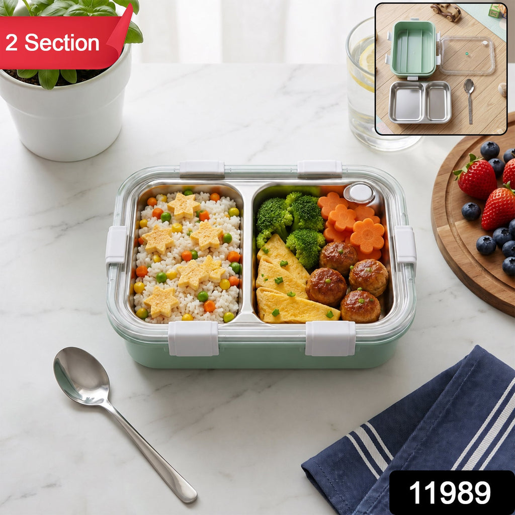Stainless Steel Lunch Box 2 Section – Leakproof & Durable with Spoon