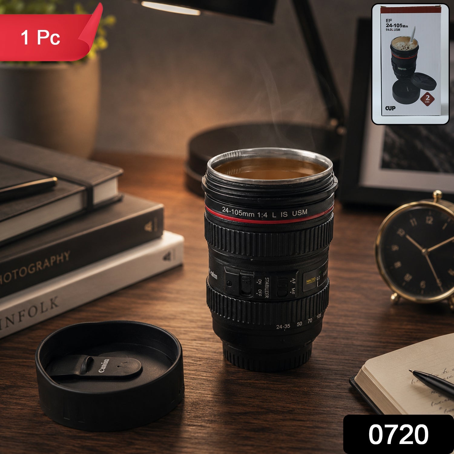 A photography enthusiast holding the camera lens coffee mug in a studio setting.