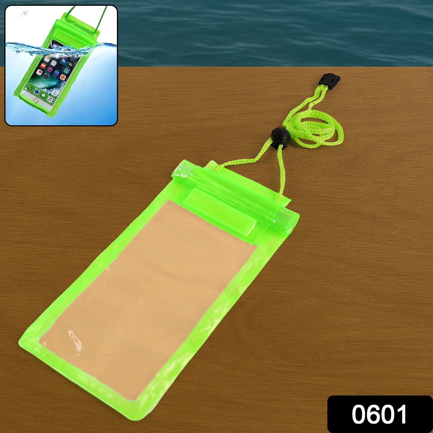 A vibrant green waterproof phone cover with a clear panel and a coiled lanyard rests on a wooden table.